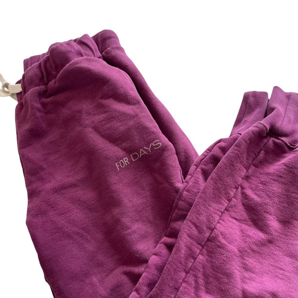 For Days Logo Jogger Sweatpants Small S Cuffed Tapered Leg Purple Organic Cotton